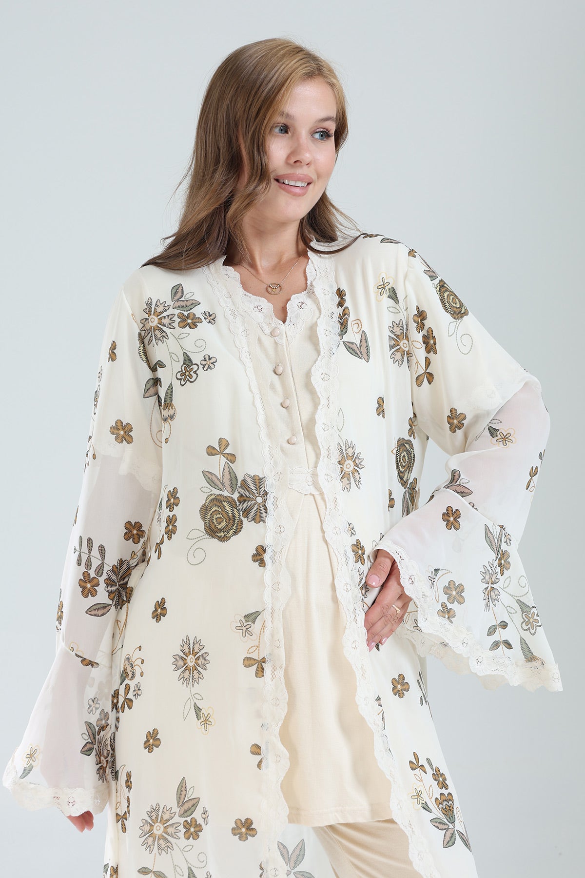 Lacy V-Neck 3-Piece Maternity-Nursing Pajama & Lacy Chiffon Robe Set Beige - 822