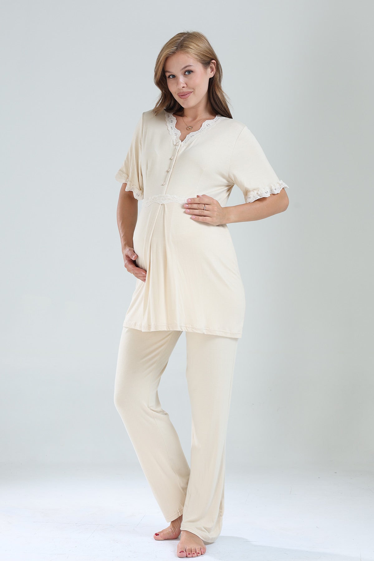 Lacy V-Neck 3-Piece Maternity-Nursing Pajama & Lacy Chiffon Robe Set Beige - 822