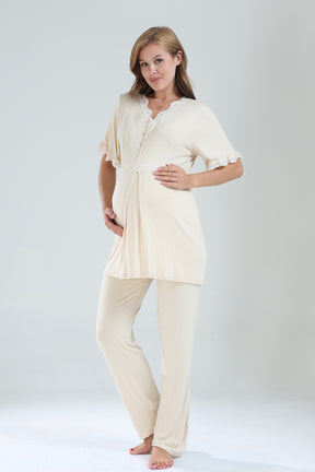 Lacy V-Neck 3-Piece Maternity-Nursing Pajama & Lacy Chiffon Robe Set Beige - 822