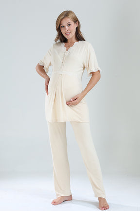 Lacy V-Neck 3-Piece Maternity-Nursing Pajama & Lacy Chiffon Robe Set Beige - 822
