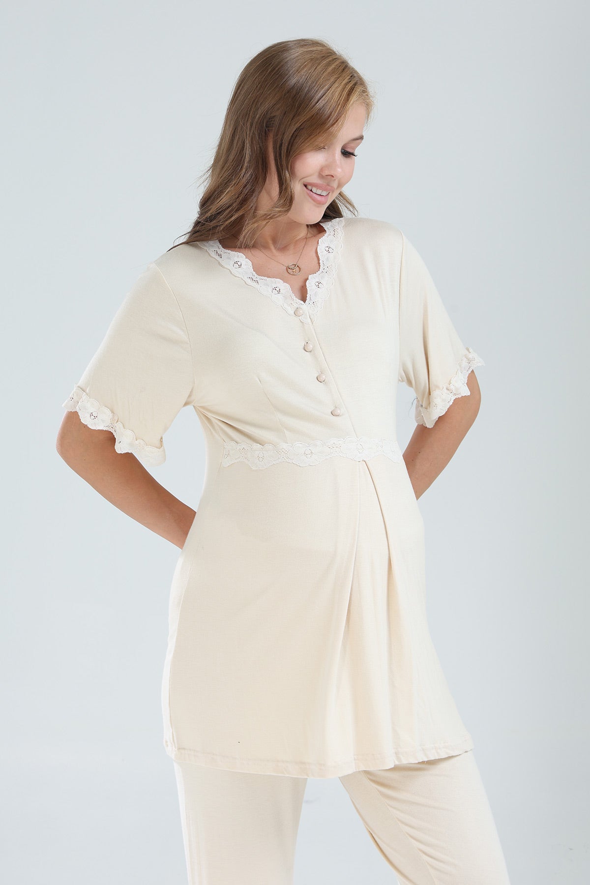 Lacy V-Neck 3-Piece Maternity-Nursing Pajama & Lacy Chiffon Robe Set Beige - 822