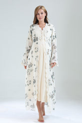 Lacy V-Neck Maternity-Nursing Nightgown & Lacy Chiffon Robe Set Beige - 823