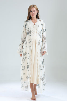 Lacy V-Neck Maternity-Nursing Nightgown & Lacy Chiffon Robe Set Beige - 823