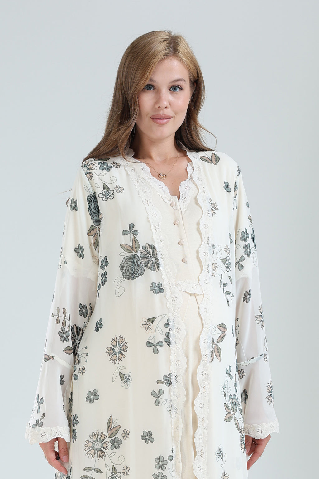 Lacy V-Neck Maternity-Nursing Nightgown & Lacy Chiffon Robe Set Beige - 823