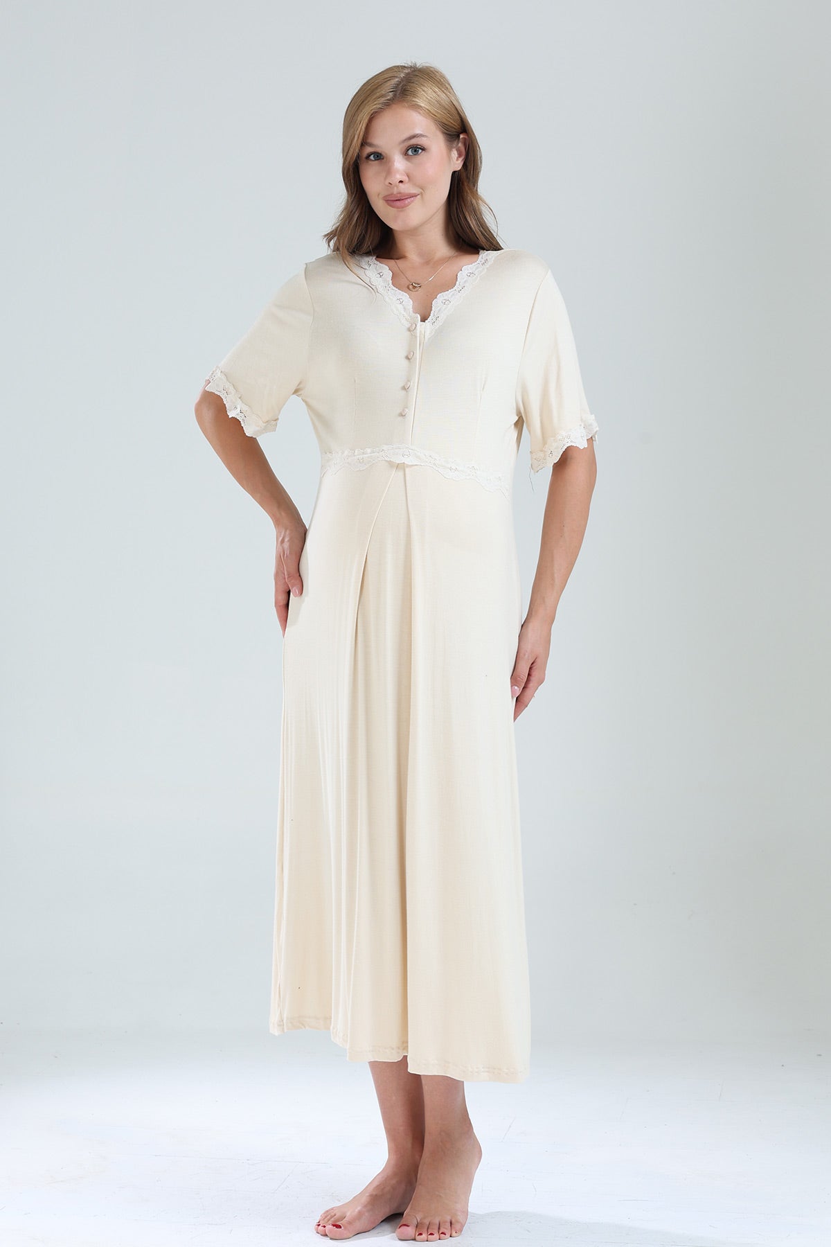 Lacy V-Neck Maternity-Nursing Nightgown & Lacy Chiffon Robe Set Beige - 823