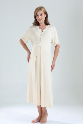 Lacy V-Neck Maternity-Nursing Nightgown & Lacy Chiffon Robe Set Beige - 823