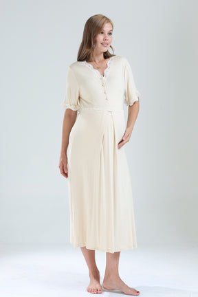 Lacy V-Neck Maternity-Nursing Nightgown & Lacy Chiffon Robe Set Beige - 823