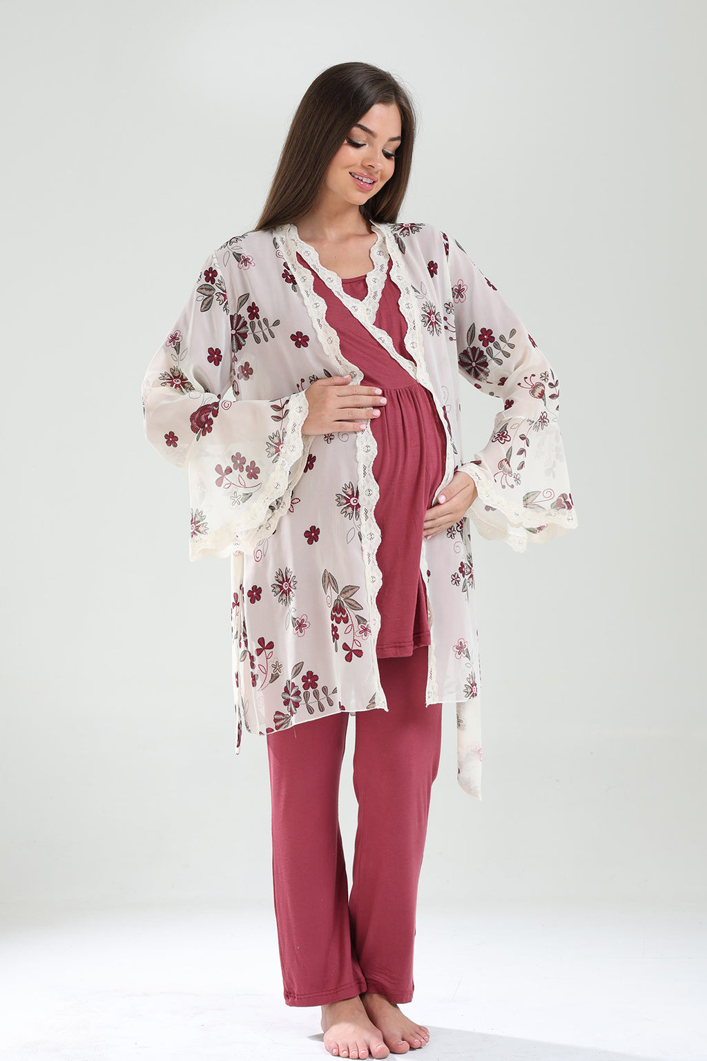 Lacy Double Breasted 3-Piece Maternity-Nursing Pajama & Lacy Chiffon Robe Set Plum - 824