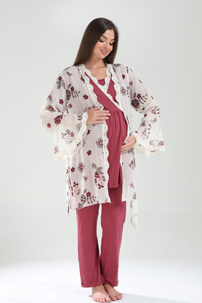 Lacy Double Breasted 3-Piece Maternity-Nursing Pajama & Lacy Chiffon Robe Set Plum - 824