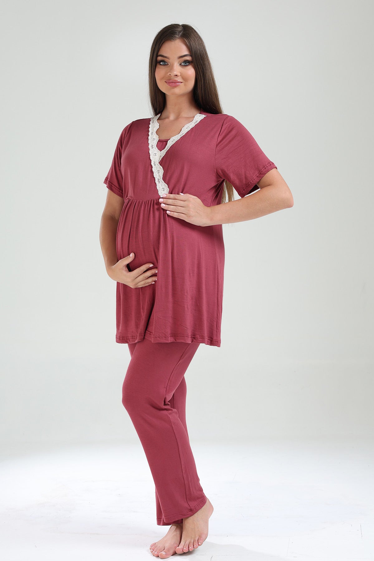 Lacy Double Breasted 3-Piece Maternity-Nursing Pajama & Lacy Chiffon Robe Set Plum - 824