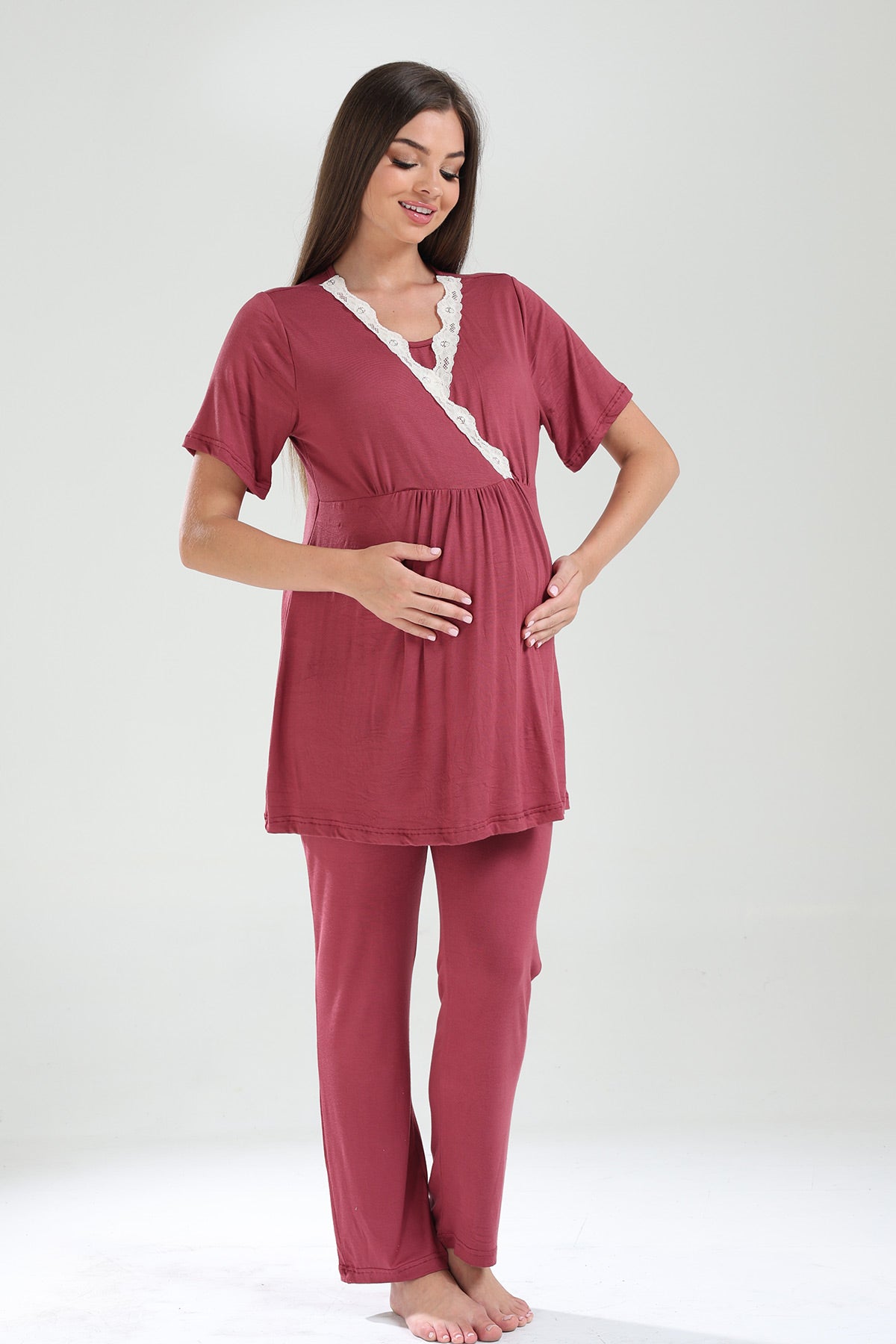Lacy Double Breasted 3-Piece Maternity-Nursing Pajama & Lacy Chiffon Robe Set Plum - 824