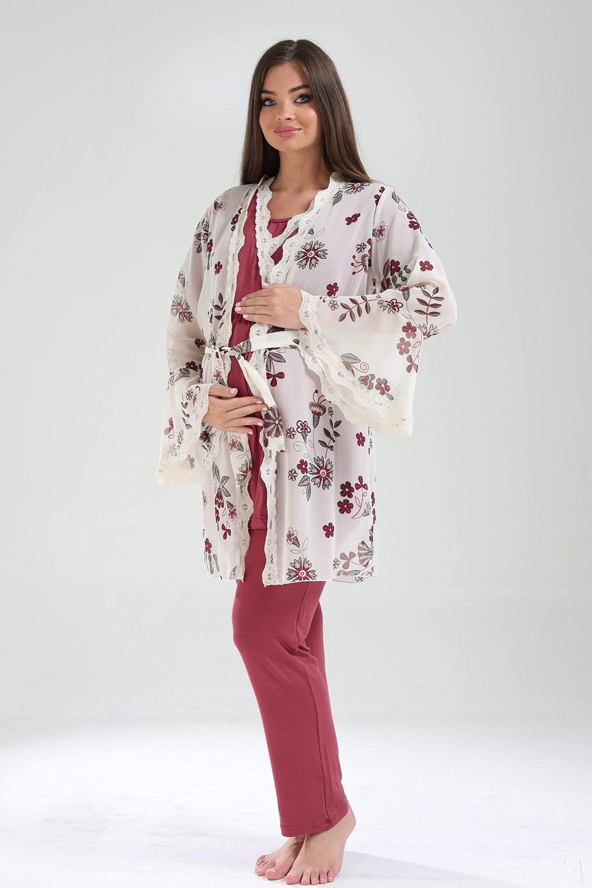 Lacy Double Breasted 3-Piece Maternity-Nursing Pajama & Lacy Chiffon Robe Set Plum - 824