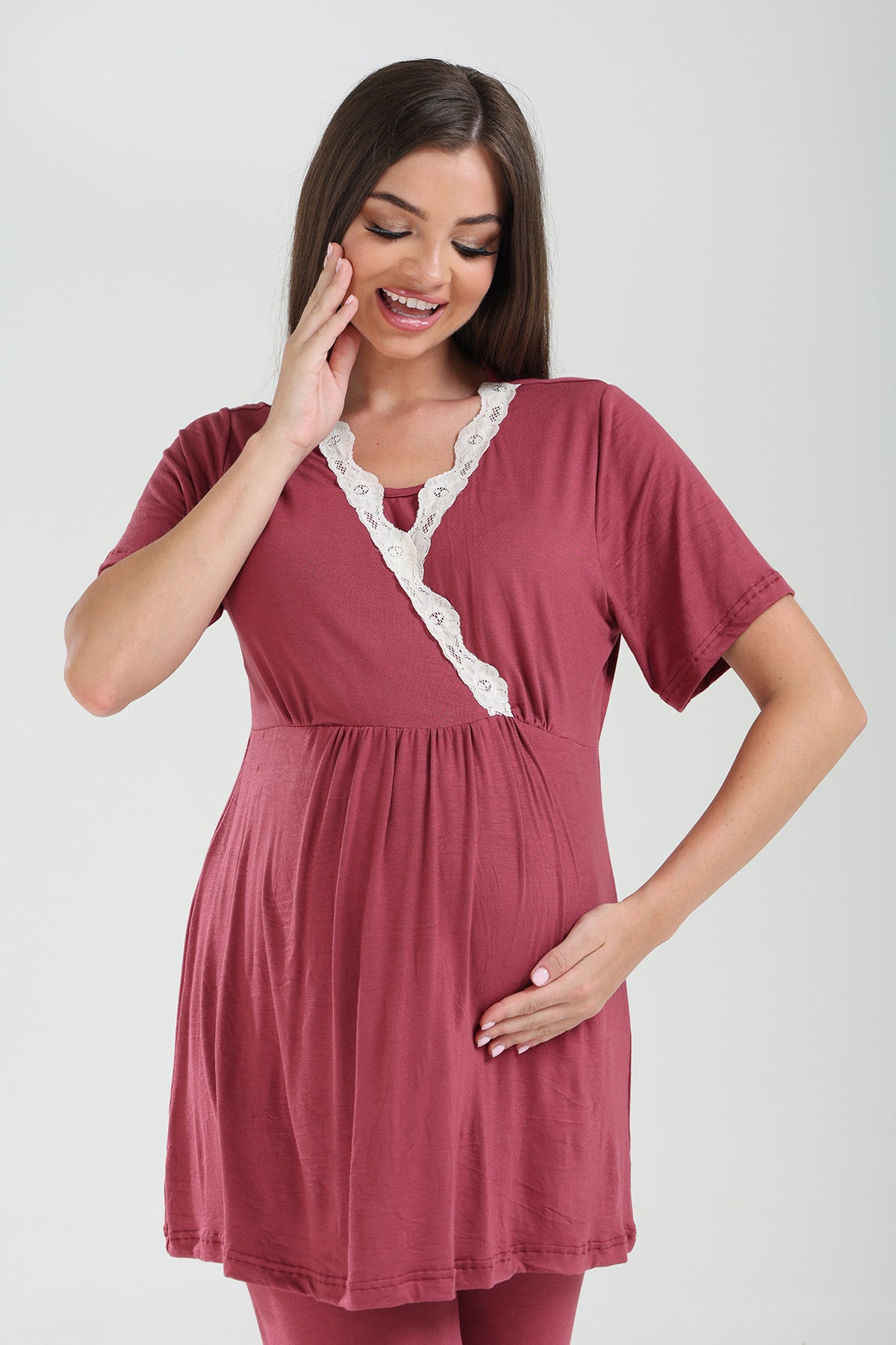 Lacy Double Breasted 3-Piece Maternity-Nursing Pajama & Lacy Chiffon Robe Set Plum - 824