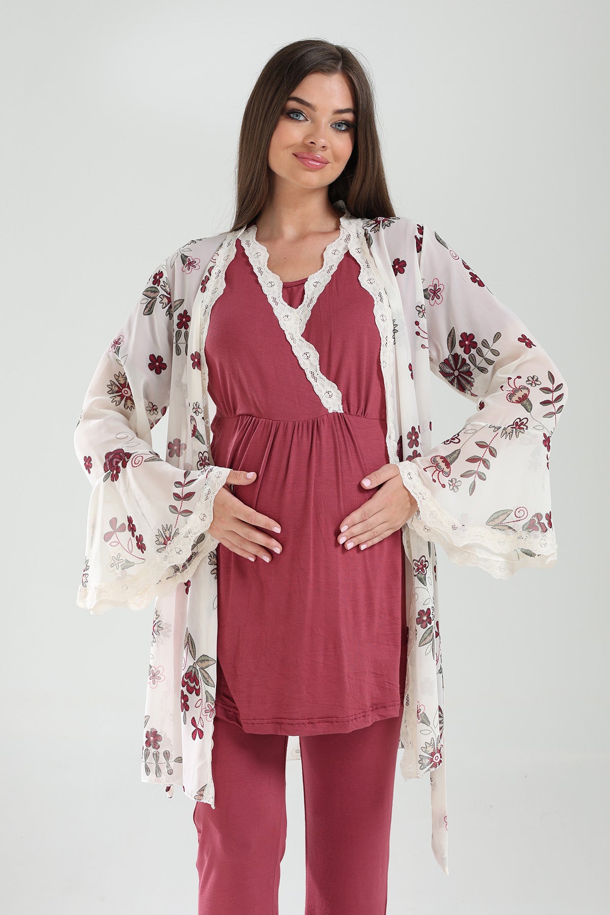 Lacy Double Breasted 3-Piece Maternity-Nursing Pajama & Lacy Chiffon Robe Set Plum - 824