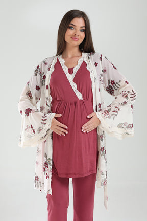 Lacy Double Breasted 3-Piece Maternity-Nursing Pajama & Lacy Chiffon Robe Set Plum - 824