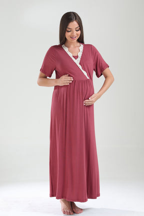 Lacy Double Breasted Maternity-Nursing Nightgown & Lacy Chiffon Robe Set Plum - 825