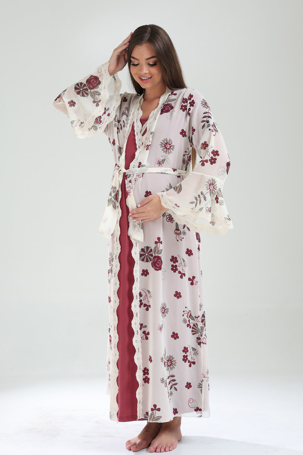 Lacy Double Breasted Maternity-Nursing Nightgown & Lacy Chiffon Robe Set Plum - 825