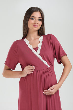 Lacy Double Breasted Maternity-Nursing Nightgown & Lacy Chiffon Robe Set Plum - 825