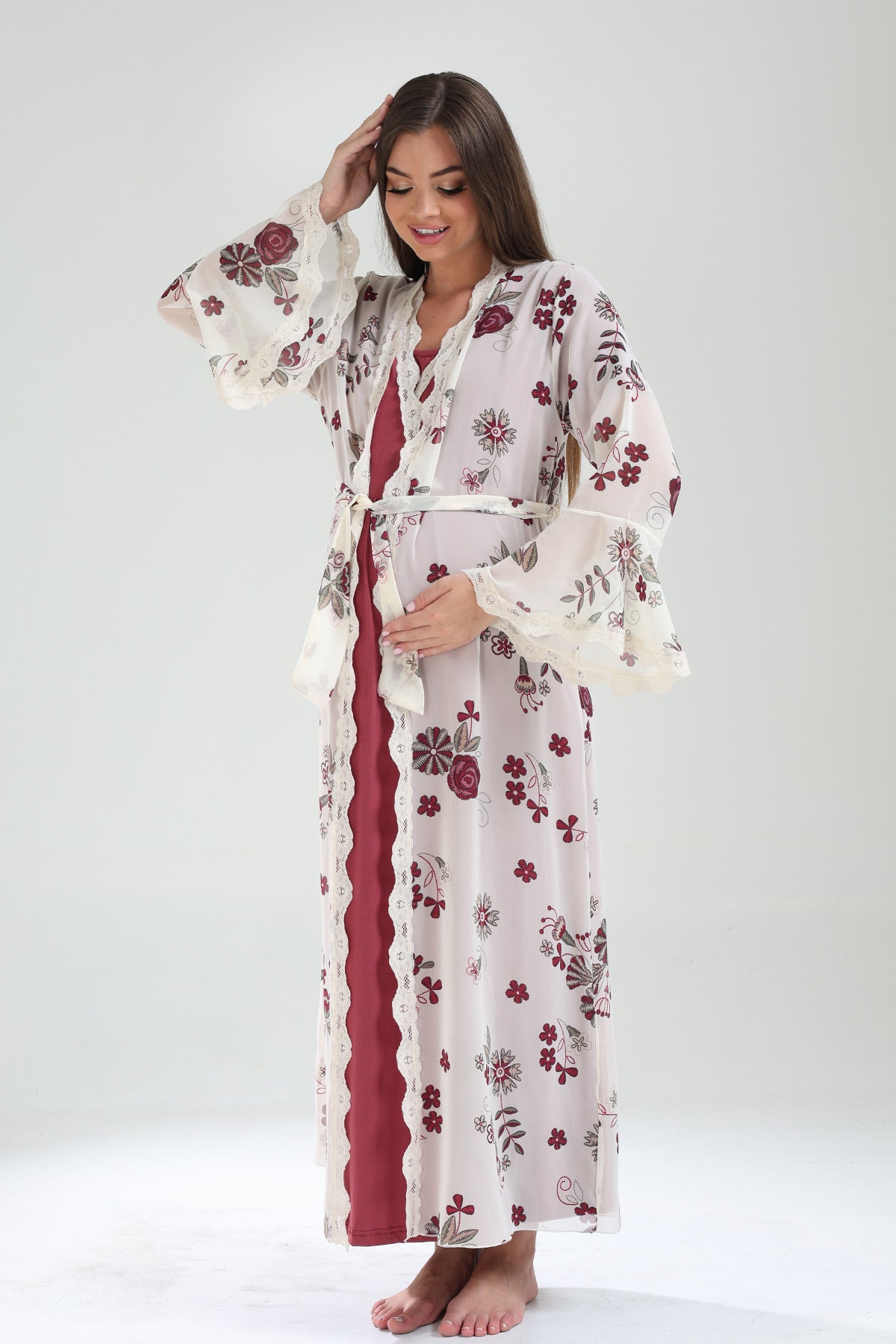 Lacy Double Breasted Maternity-Nursing Nightgown & Lacy Chiffon Robe Set Plum - 825