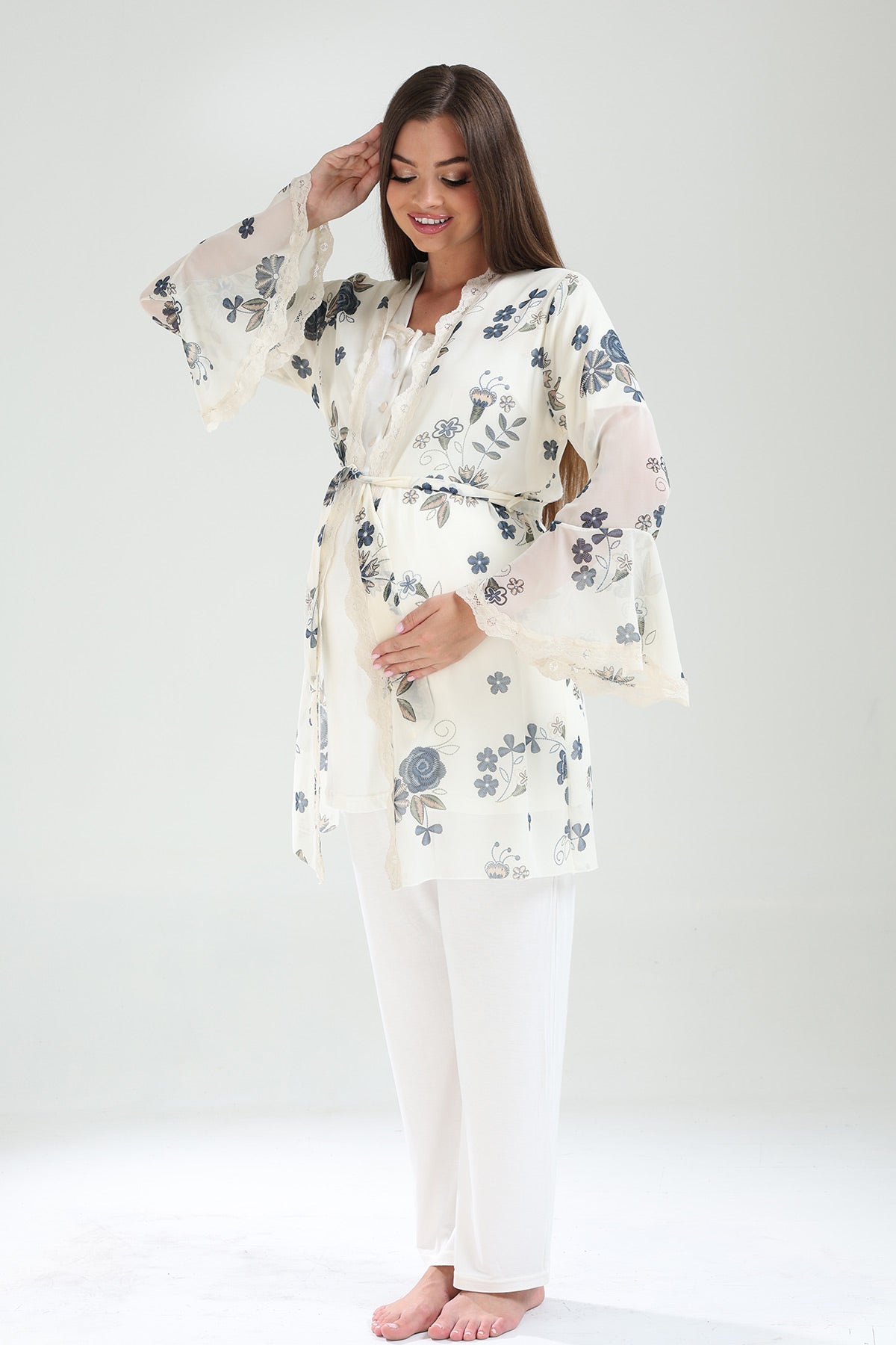 Lace Collar 3-Piece Maternity-Nursing Pajama & Lacy Chiffon Robe Set Ecru - 826