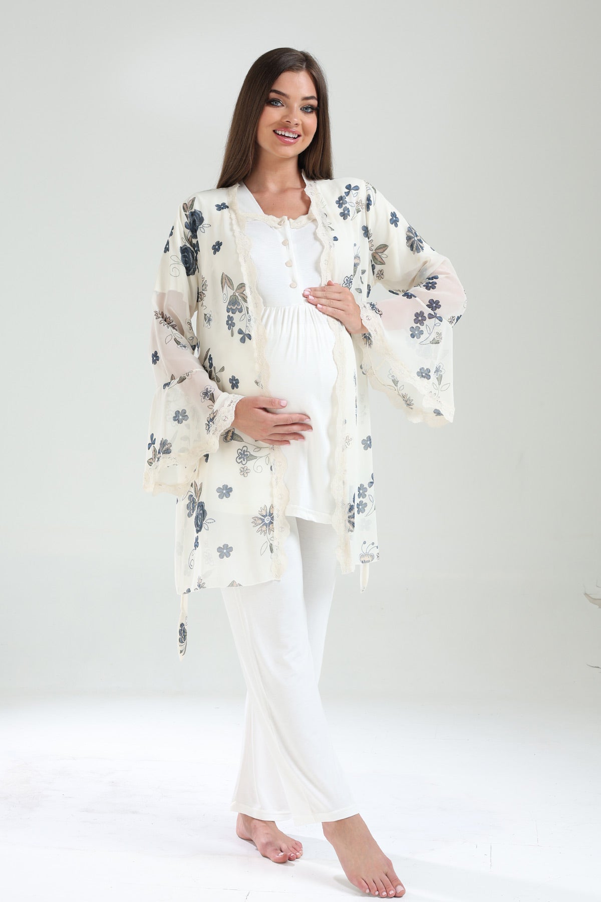Lace Collar 3-Piece Maternity-Nursing Pajama & Lacy Chiffon Robe Set Ecru - 826