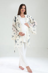 Lace Collar 3-Piece Maternity-Nursing Pajama & Lacy Chiffon Robe Set Ecru - 826