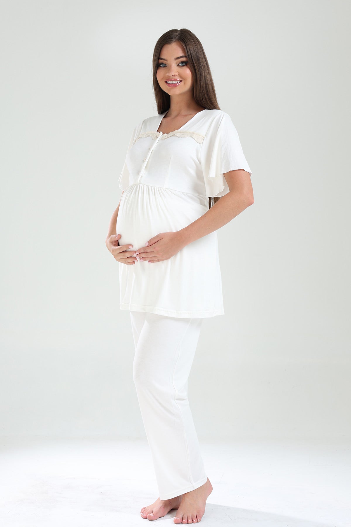 Lace Collar 3-Piece Maternity-Nursing Pajama & Lacy Chiffon Robe Set Ecru - 826