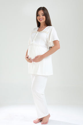 Lace Collar 3-Piece Maternity-Nursing Pajama & Lacy Chiffon Robe Set Ecru - 826