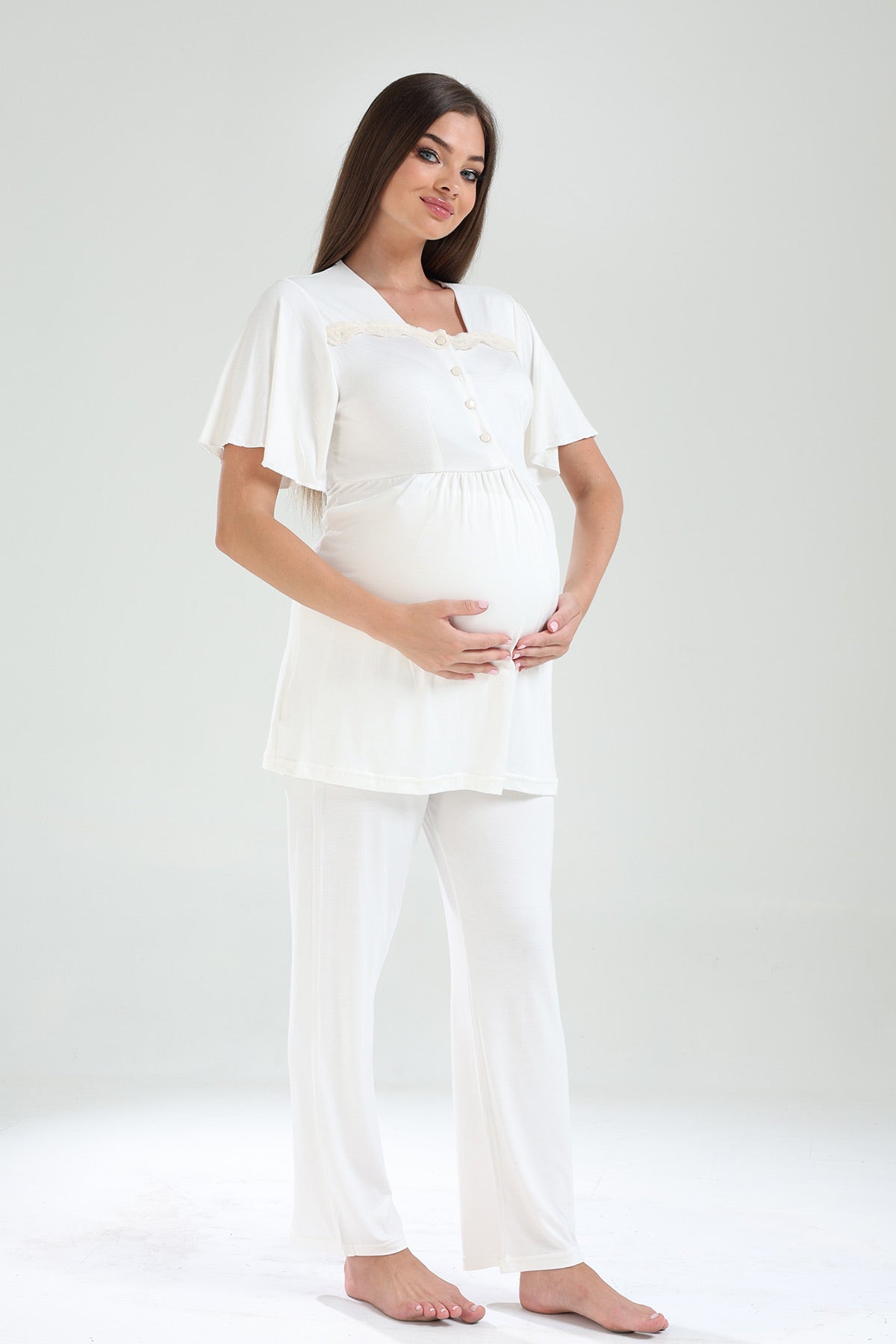 Lace Collar 3-Piece Maternity-Nursing Pajama & Lacy Chiffon Robe Set Ecru - 826