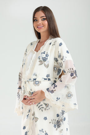 Lace Collar Maternity-Nursing Nightgown & Lacy Chiffon Robe Set Ecru - 827