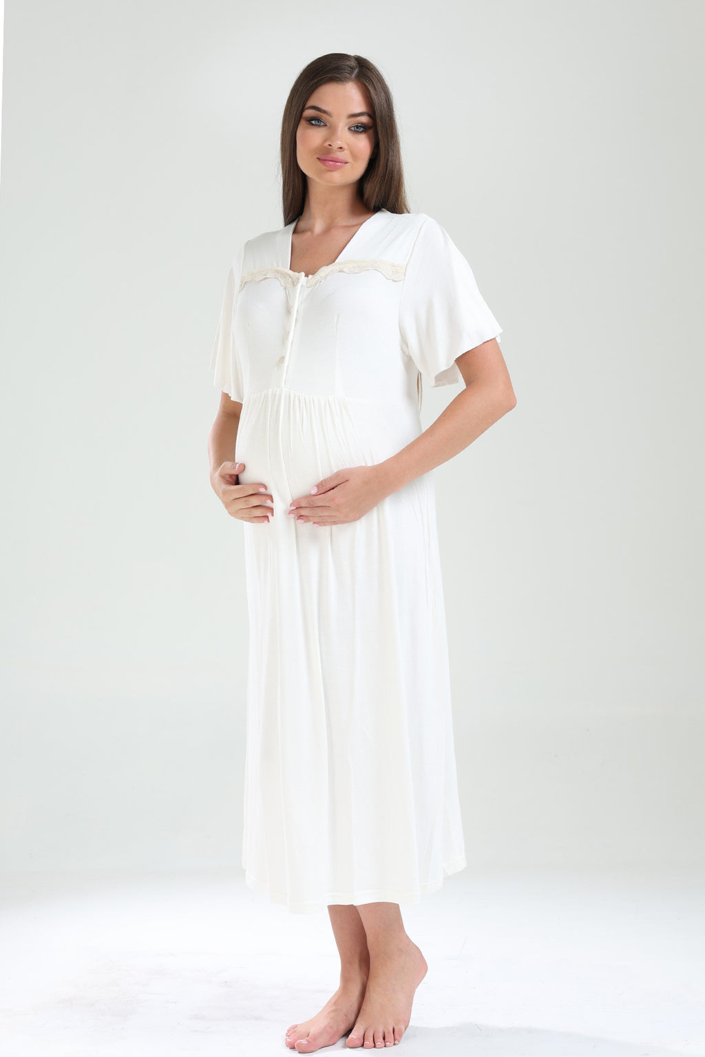Lace Collar Maternity-Nursing Nightgown & Lacy Chiffon Robe Set Ecru - 827