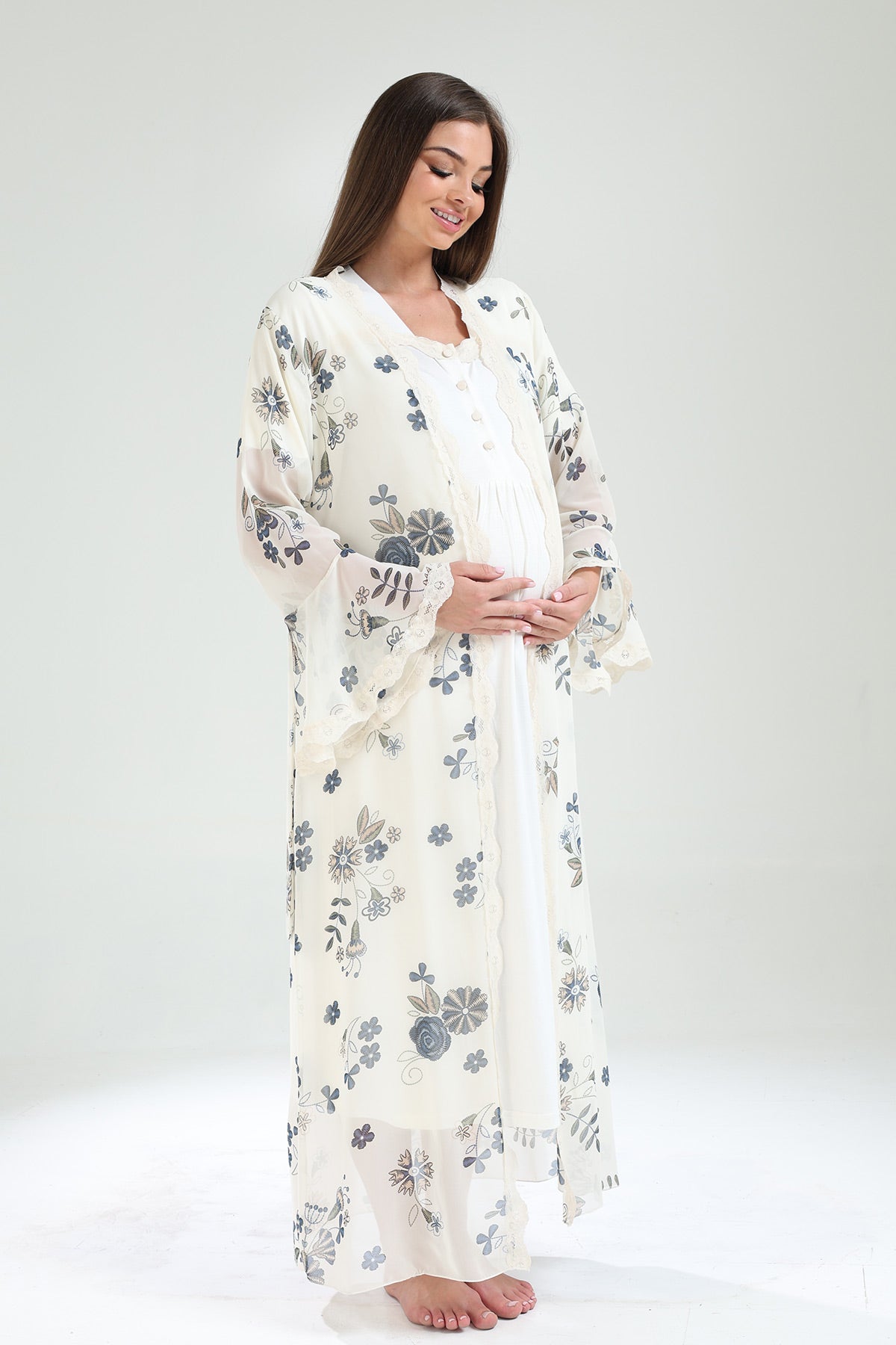 Lace Collar Maternity-Nursing Nightgown & Lacy Chiffon Robe Set Ecru - 827