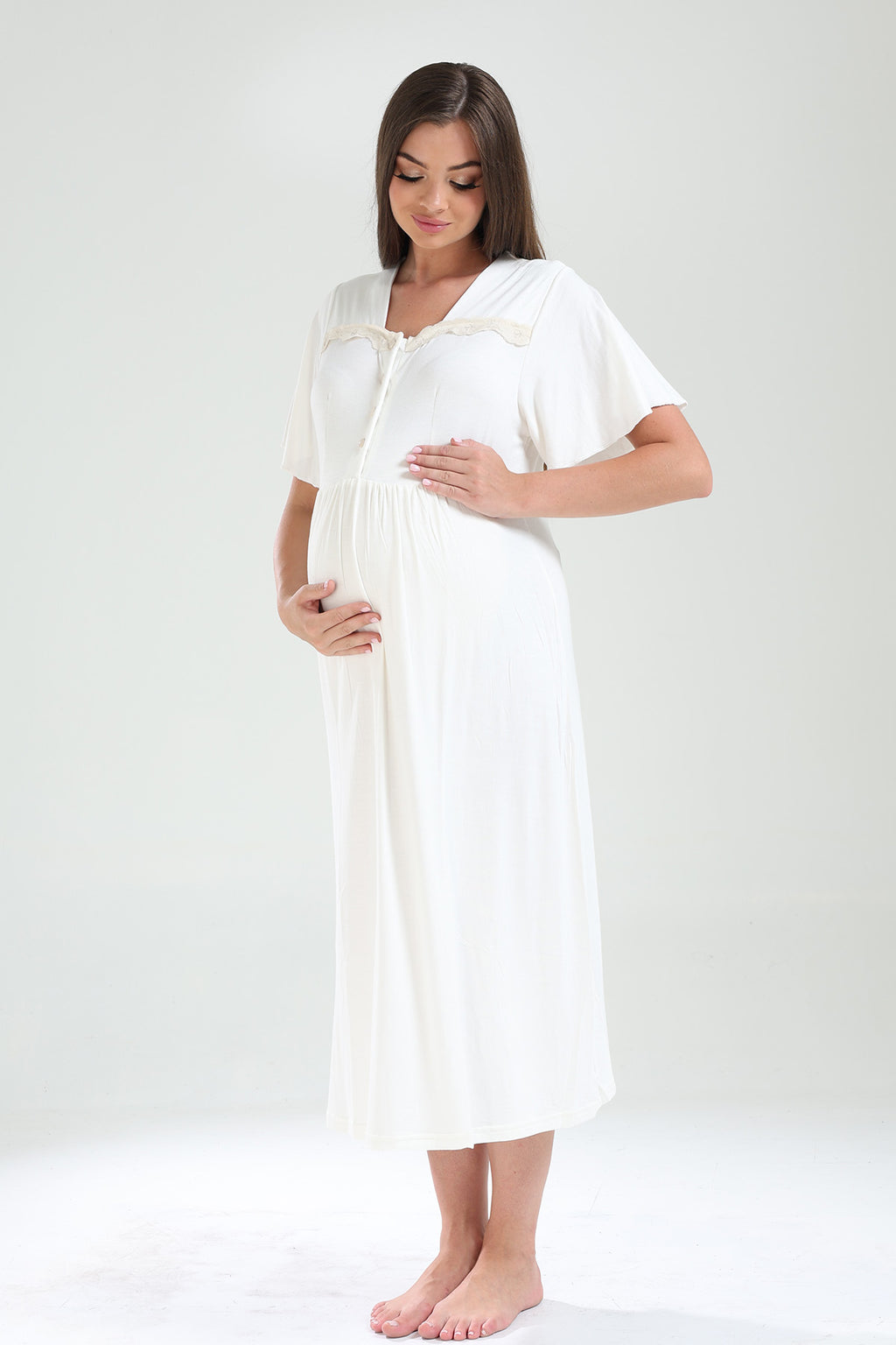 Lace Collar Maternity-Nursing Nightgown & Lacy Chiffon Robe Set Ecru - 827