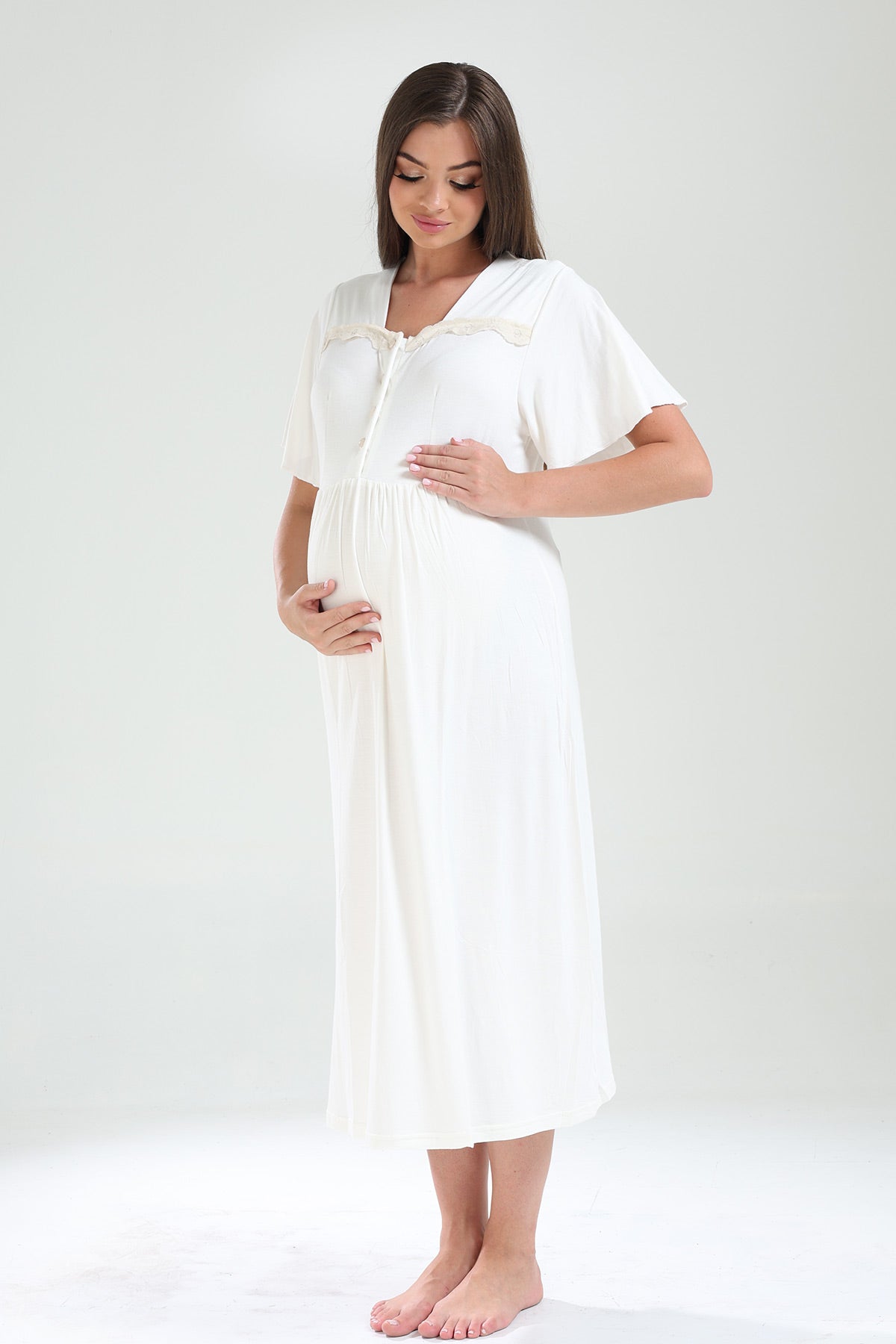 Lace Collar Maternity-Nursing Nightgown & Lacy Chiffon Robe Set Ecru - 827