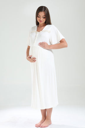 Lace Collar Maternity-Nursing Nightgown & Lacy Chiffon Robe Set Ecru - 827