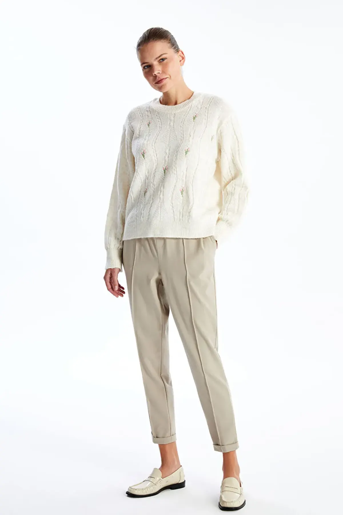 Elastic Waist Maternity Trousers Beige - 8305