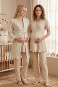 Pleated Double Breasted 3-Piece Maternity Feeding-Friendly Pajama & Robe Set Beige - L830