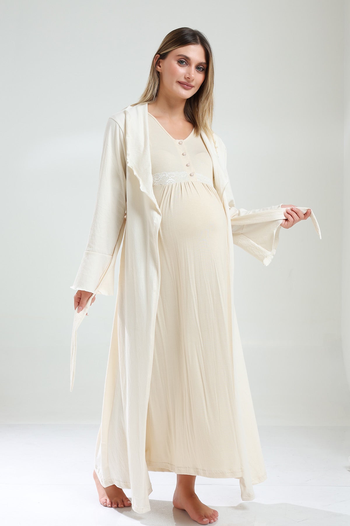Lacy Maternity-Nursing Nightgown & Pleated Robe Set Beige - 831