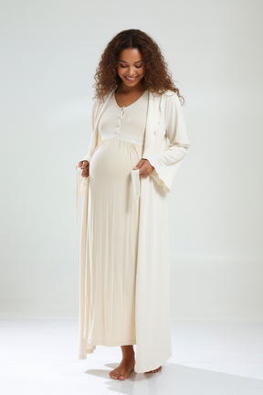 Lacy Maternity-Nursing Nightgown & Pleated Robe Set Beige - 831