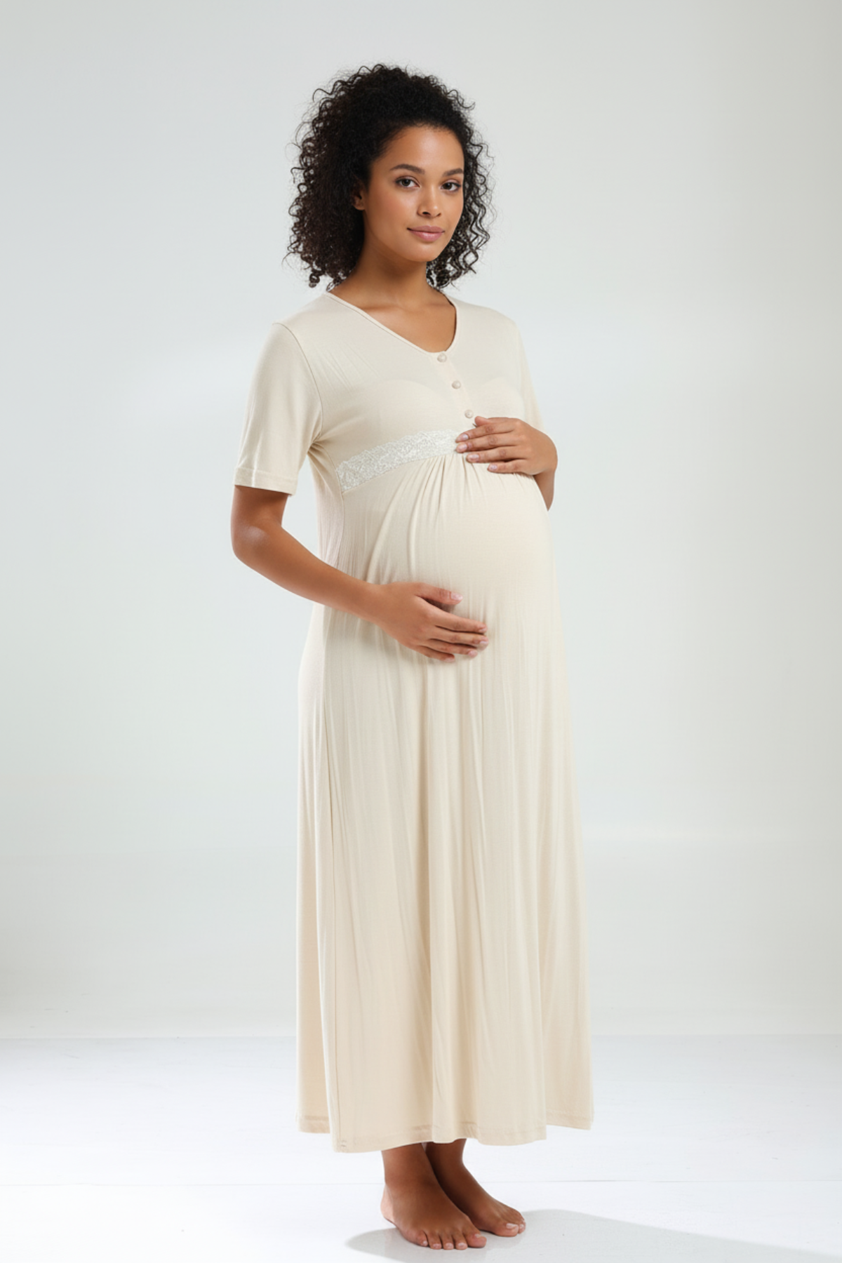 Lacy Maternity-Nursing Nightgown & Pleated Robe Set Beige - 831