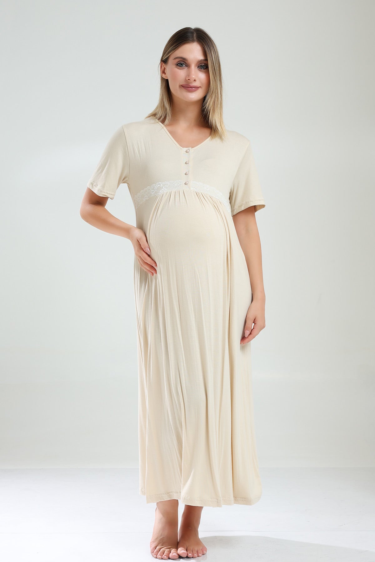 Lacy Maternity-Nursing Nightgown & Pleated Robe Set Beige - 831