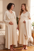 Lacy Maternity Feeding-Friendly Nightgown & Pleated Robe Set Beige - L831
