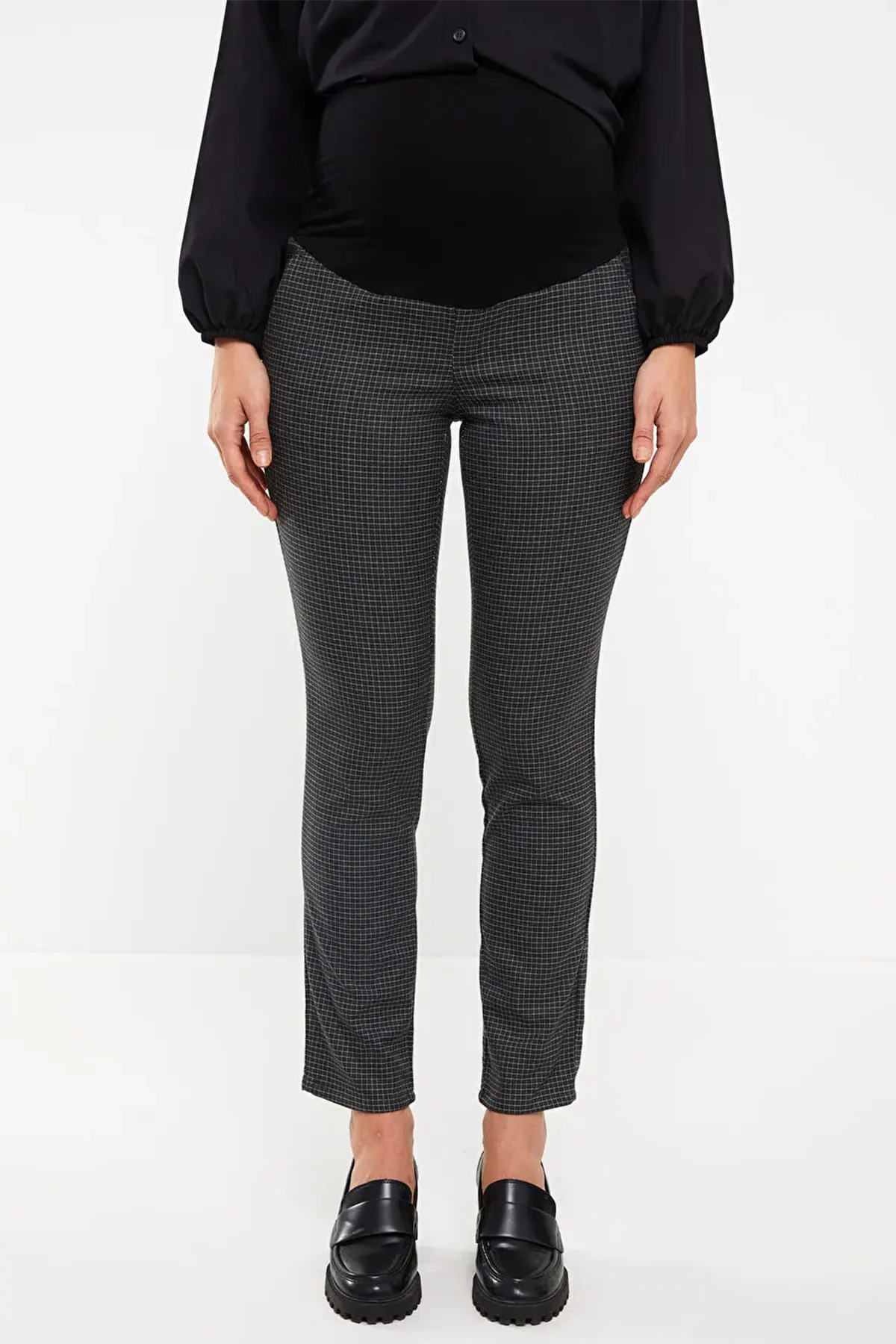 Belly Panel Plaid Maternity Trousers Anthracite - 8353