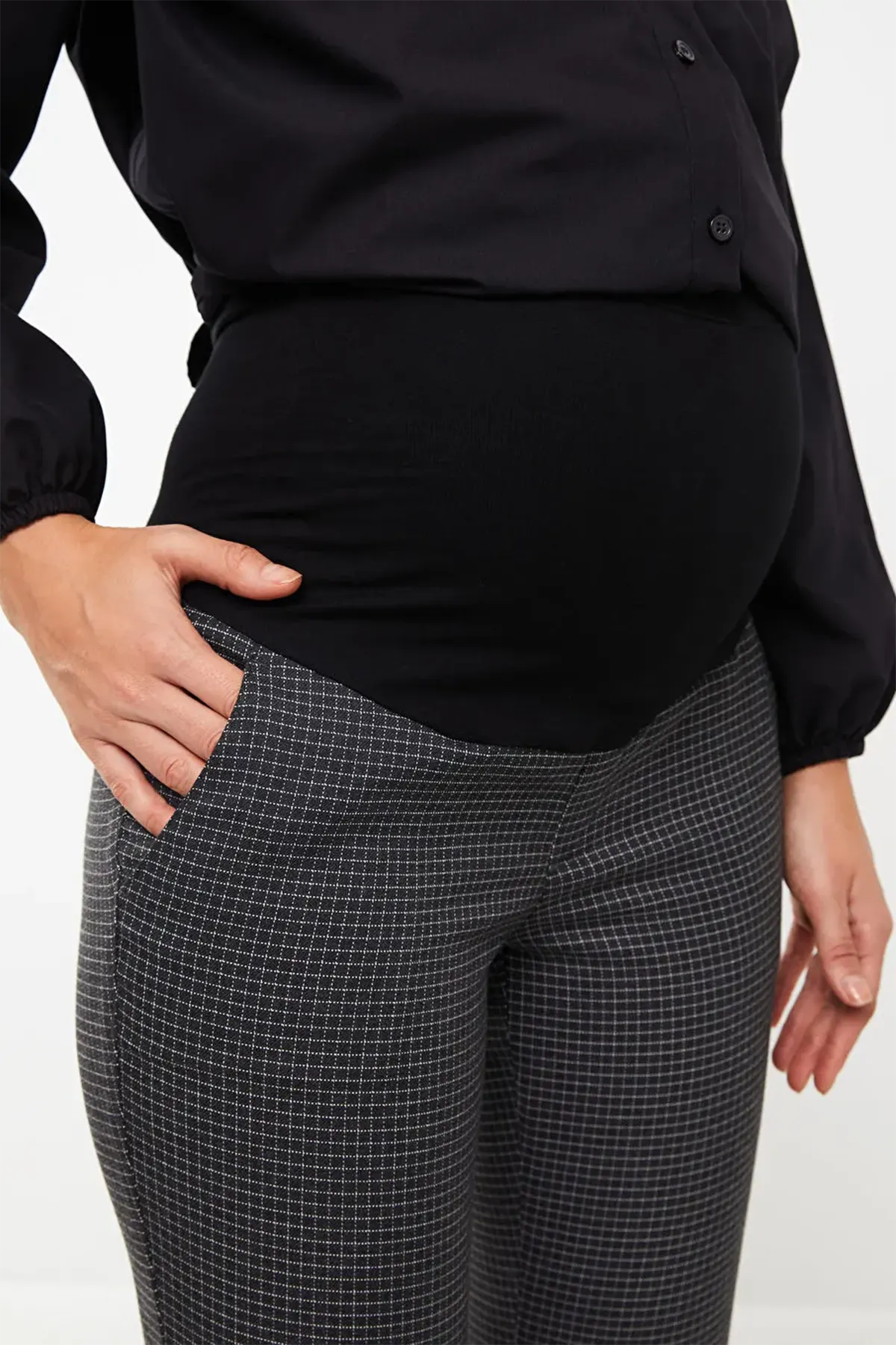 Belly Panel Plaid Maternity Trousers Anthracite - 8353