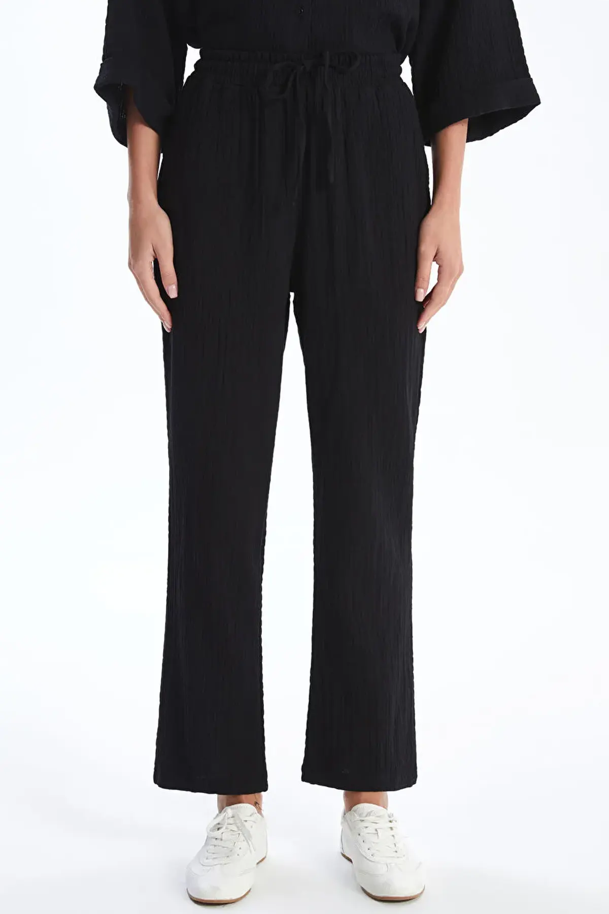 Elastic Waist Textured Maternity Trousers Black - 8397