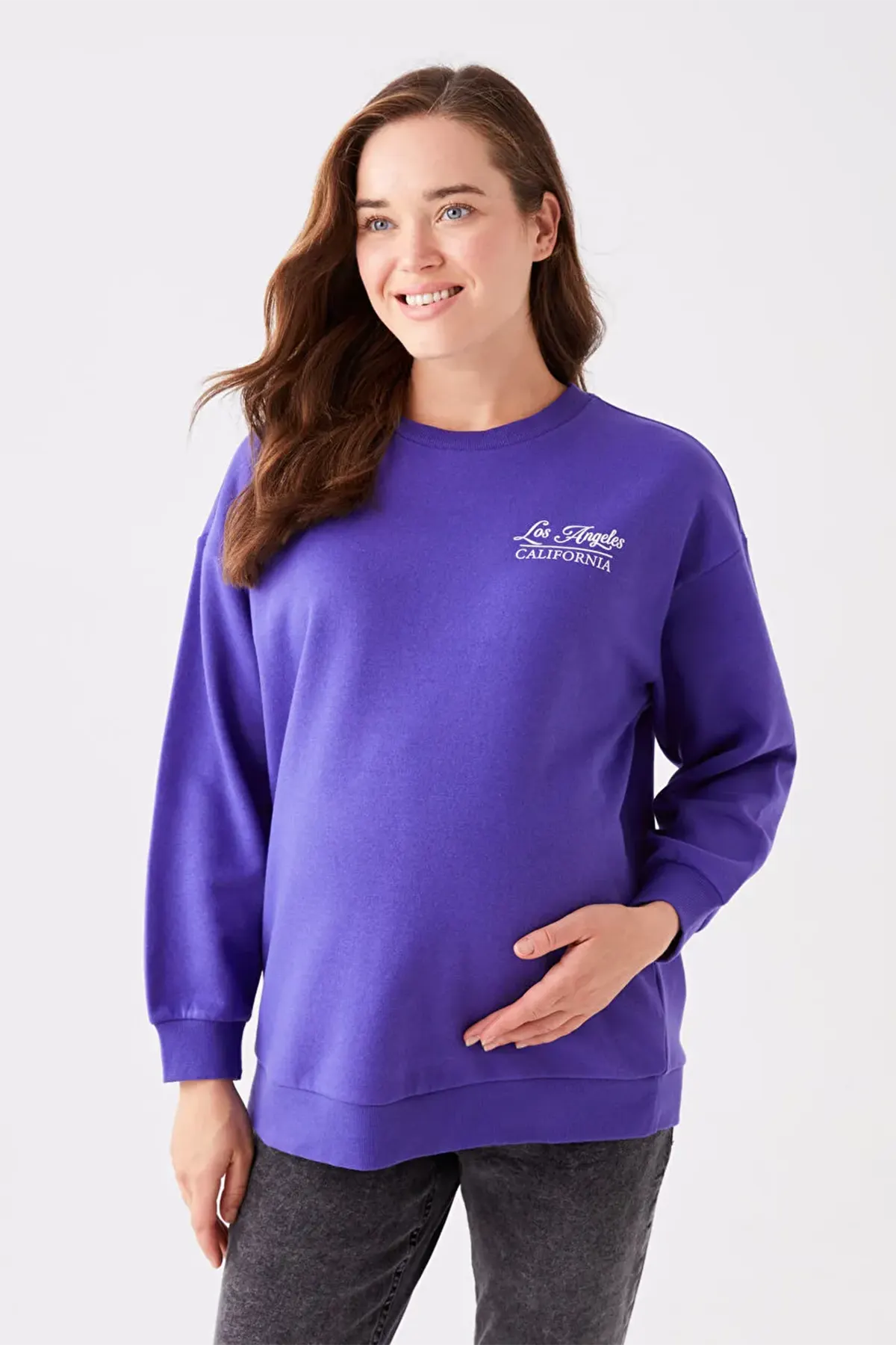 Crew Neck Printed Long Sleeve Maternity Sweatshirt Purple - 8400
