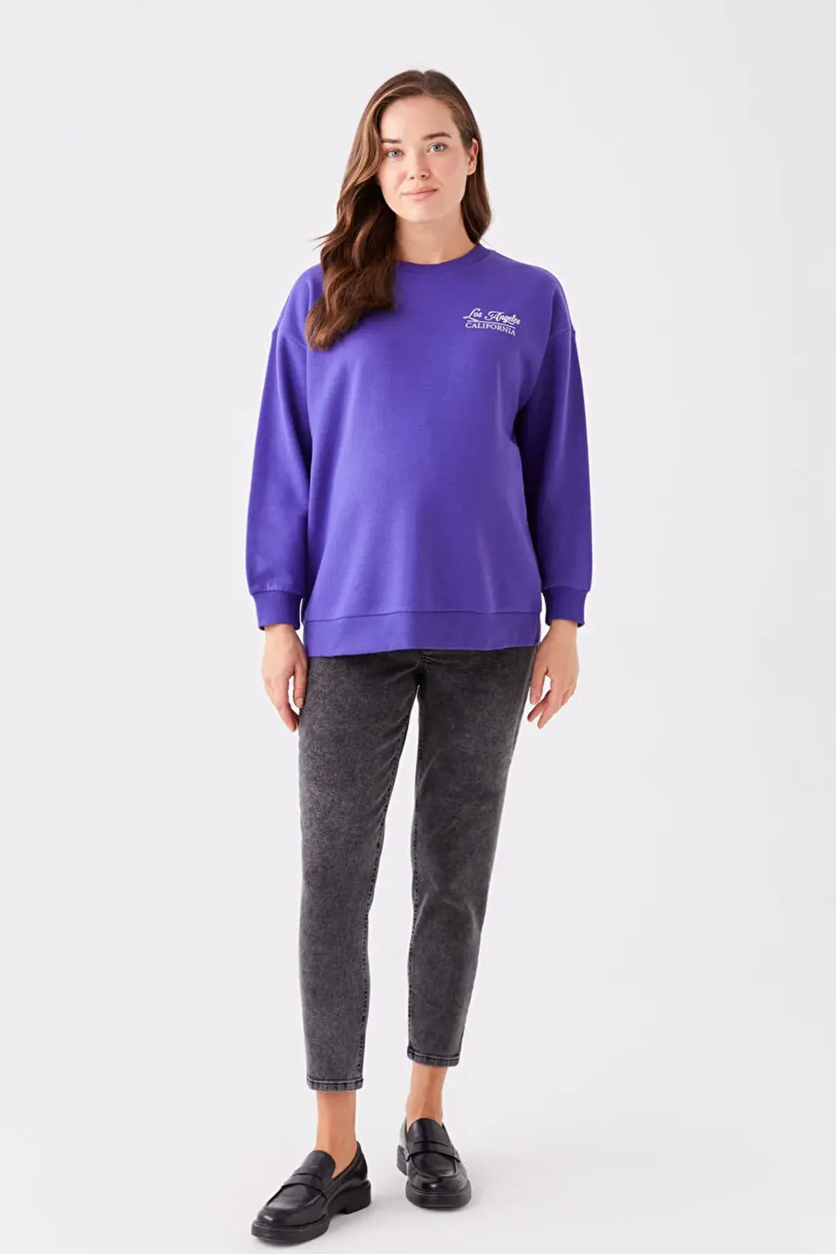 Crew Neck Printed Long Sleeve Maternity Sweatshirt Purple - 8400