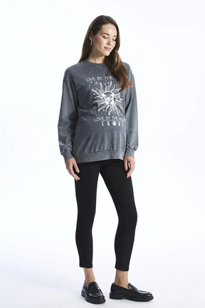 Crew Neck Printed Long Sleeve Maternity Sweatshirt Anthracite - 8480