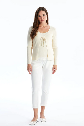 V-Neck Plain Maternity Knit Cardigan and Tank Top Set Ecru - 8501