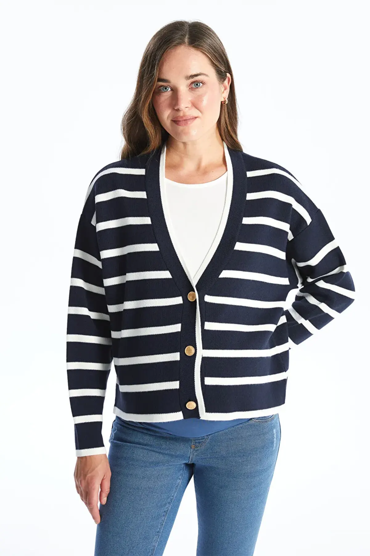 V-Neck Striped Maternity Knit Cardigan Navy Blue - 8567